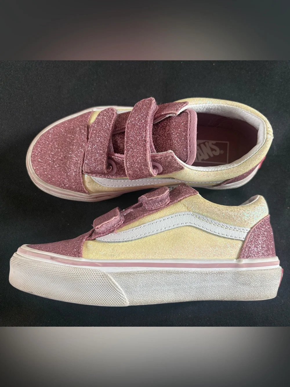 Vans Kids Glitter Pink and Yellow Velcro Low-Top Sneakers